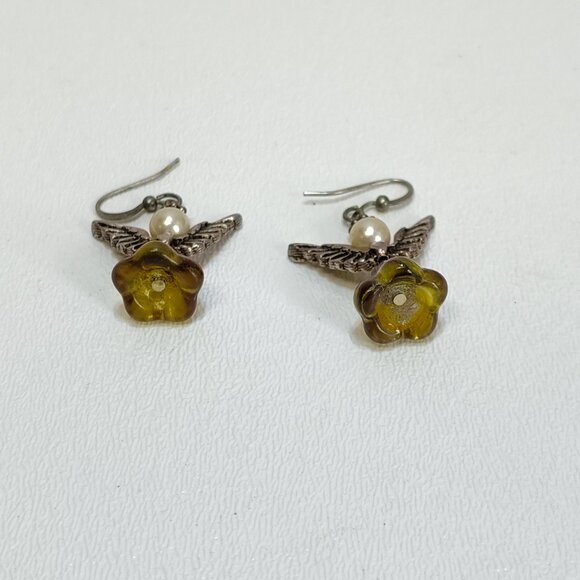 Angel Wing Earring Handcrafted Yellow Glass Flower Bead Faux Pearls Silver Hooks - Picture 3 of 3